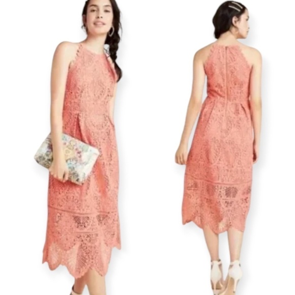 Anthropologie Eri + Ali Ava Lace Midi Halter Dress Coral Orange Summer SZ 8 - Picture 1 of 11